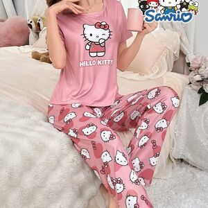 Hello Kitty Women's Set Cartoon Print Round Neck Short Sleeve Top & Long Pants